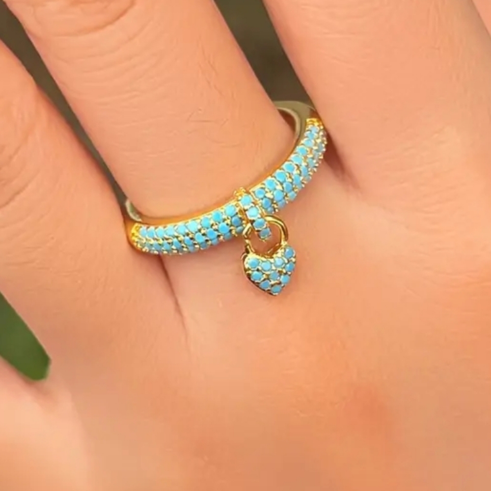 Adjustable Gold and Blue Heart Charm Ring - Picture 2 of 3
